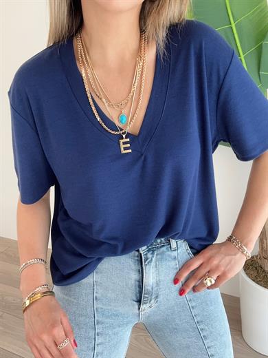 V Yaka Lacivert Tişört