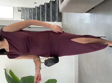 Vatkalı Yırtmaçlı Bordo Elbise