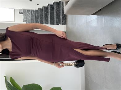 Vatkalı Yırtmaçlı Bordo Elbise