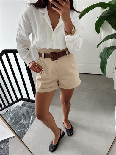 Vizon Beli Lastikli Kemerli Şort