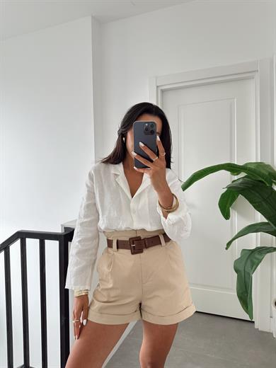 Vizon Beli Lastikli Kemerli Şort