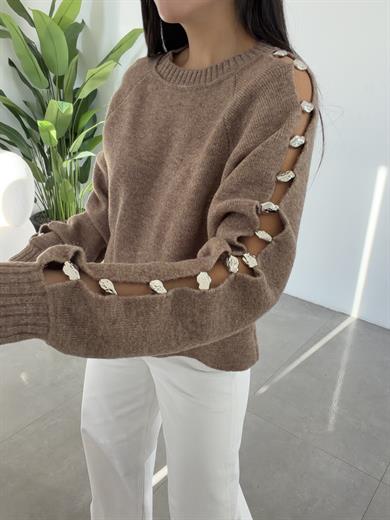 Vizon Bisiklet Yaka Aksesuar Detaylı Tirko Kazak