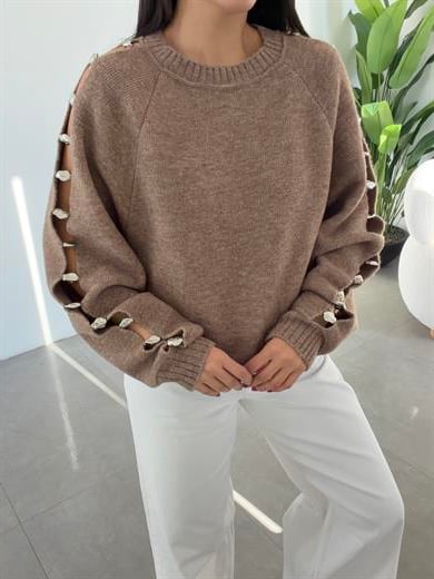 Vizon Bisiklet Yaka Aksesuar Detaylı Tirko Kazak