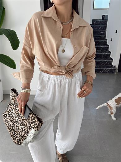 Vizon Flamlı Keten Tek Cep Oversize Gömlek