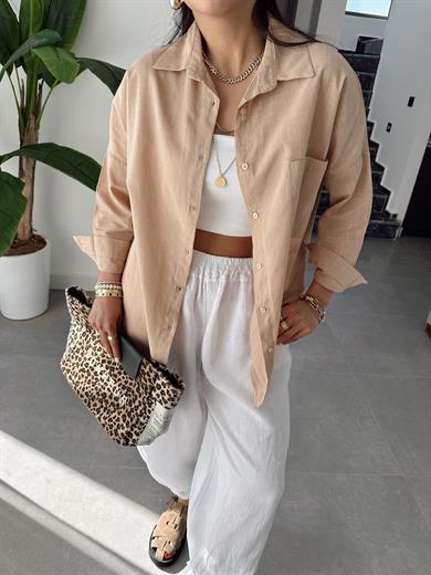 Vizon Flamlı Keten Tek Cep Oversize Gömlek