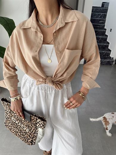 Vizon Flamlı Keten Tek Cep Oversize Gömlek