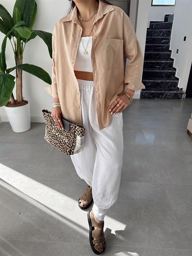 Vizon Flamlı Keten Tek Cep Oversize Gömlek