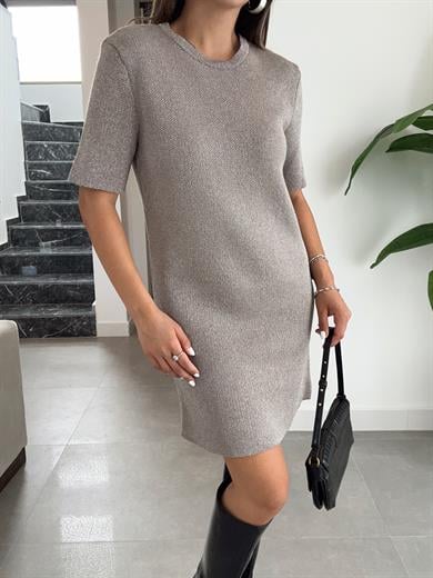 Vizon Gümüş Bisiklet Yaka Parlak Dokulu Triko Elbise