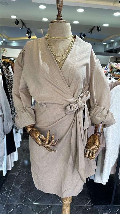 Vizon Keten Bağlamalı Elbise