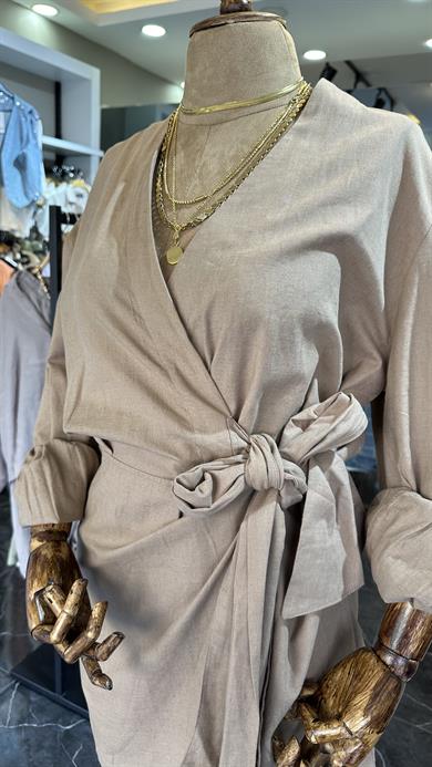 Vizon Keten Bağlamalı Elbise