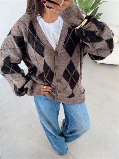 Vizon-Siyah Baklava Desenli Triko Hırka