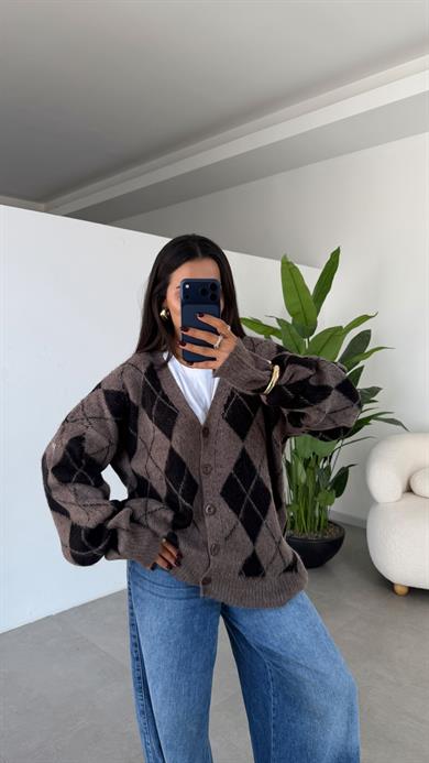 Vizon-Siyah Baklava Desenli Triko Hırka