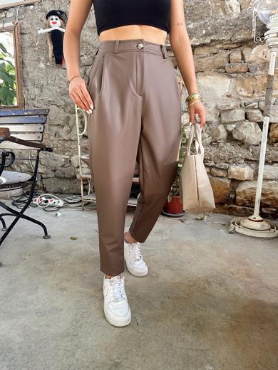 Vizon Tek Düğmeli Deri Pantolon