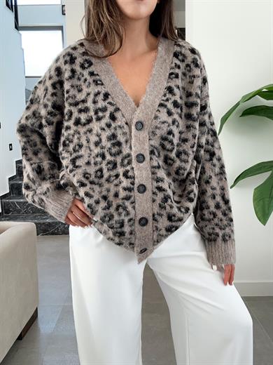 Vizon V Yaka Leopar Şardonlu Düğmeli Triko Hırka