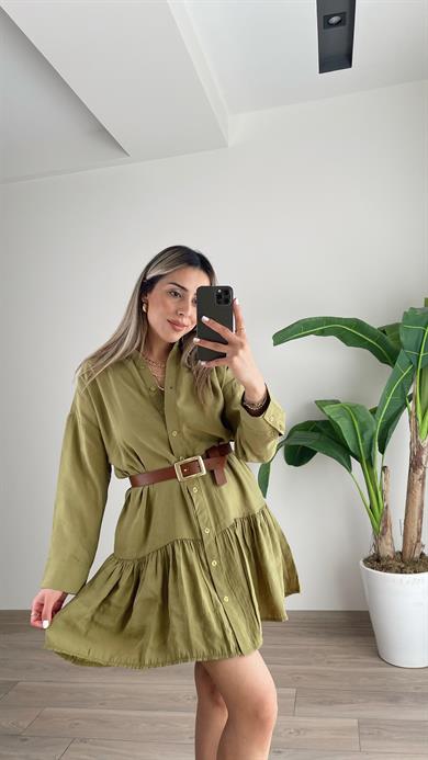 Yağ Yeşili Tensel Kumaş Elbise