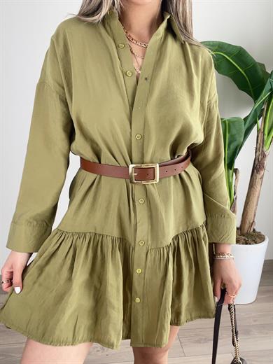Yağ Yeşili Tensel Kumaş Elbise