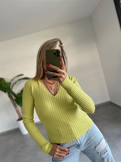 Yağ Yeşili  V Yaka Fitilli Triko