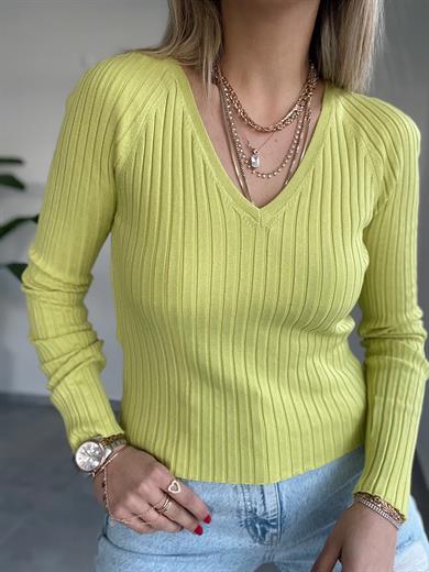 Yağ Yeşili  V Yaka Fitilli Triko