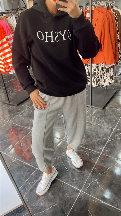 Yazılı Kapşonlu Siyah Sweatshirt