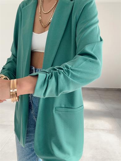 Yeşil Çelik Kumaş Kol Büzgülü Blazer Ceket
