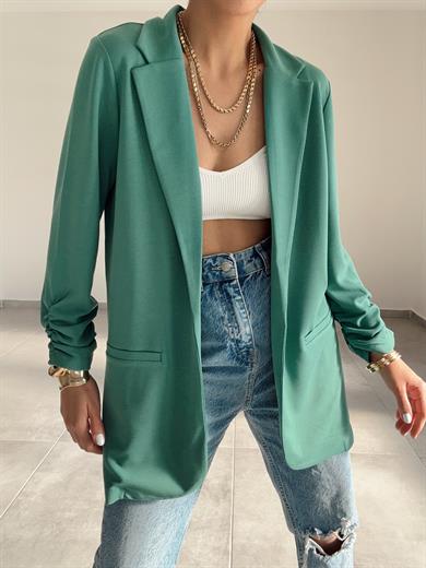 Yeşil Çelik Kumaş Kol Büzgülü Blazer Ceket