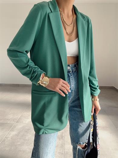 Yeşil Çelik Kumaş Kol Büzgülü Blazer Ceket
