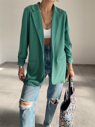 Yeşil Çelik Kumaş Kol Büzgülü Blazer Ceket