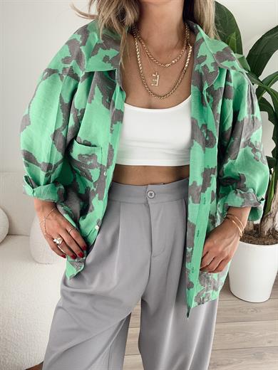 Yeşil Desenli Düşük Omuzlu Gömlek