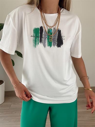 Yeşil Desenli Ekru Tişört