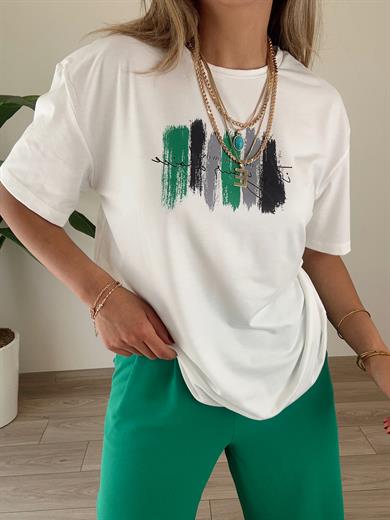 Yeşil Desenli Ekru Tişört