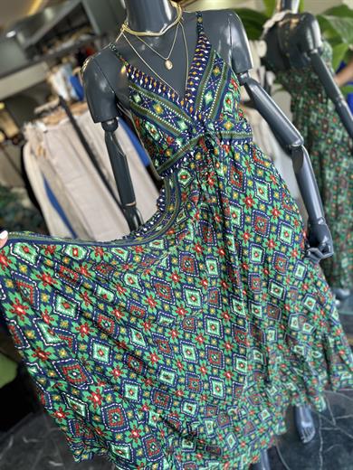 Mavi Desenli V Yaka İthal Elbise