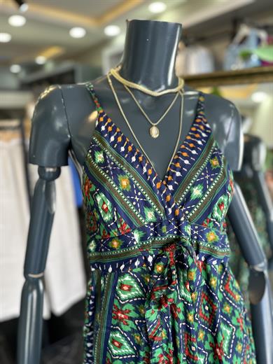 Mavi Desenli V Yaka İthal Elbise