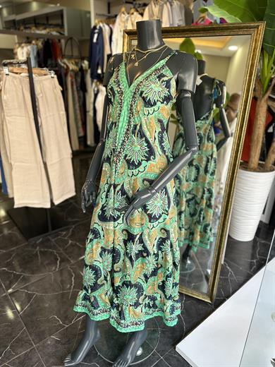 Yeşil Desenli V Yaka İthal Elbise