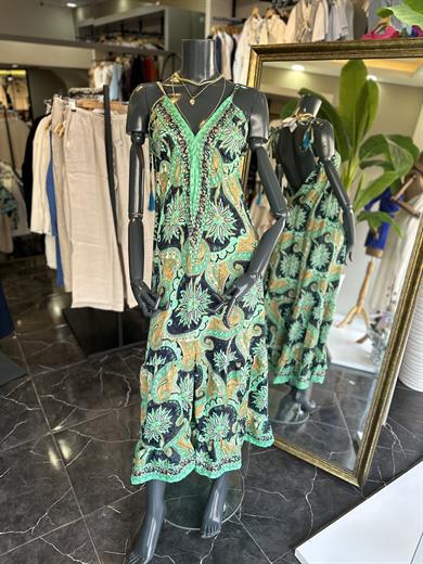 Yeşil Desenli V Yaka İthal Elbise