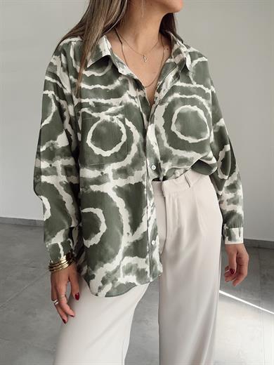 Yeşil-Ekru Desenli Cepli Oversize Gömlek