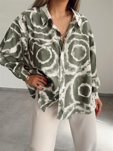 Yeşil-Ekru Desenli Cepli Oversize Gömlek