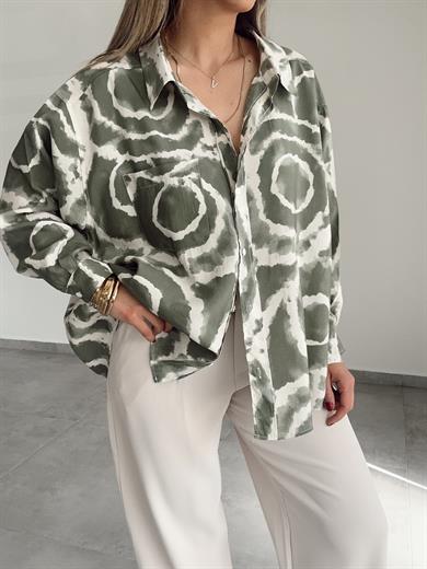 Yeşil-Ekru Desenli Cepli Oversize Gömlek