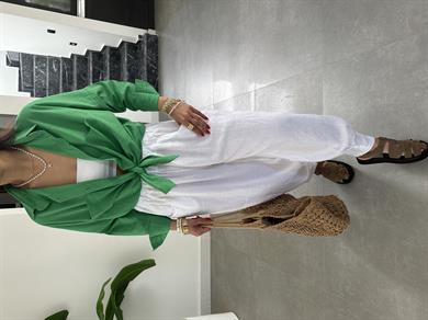 Yeşil Flamlı Keten Çift Cep Oversize Gömlek