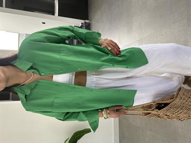 Yeşil Flamlı Keten Çift Cep Oversize Gömlek