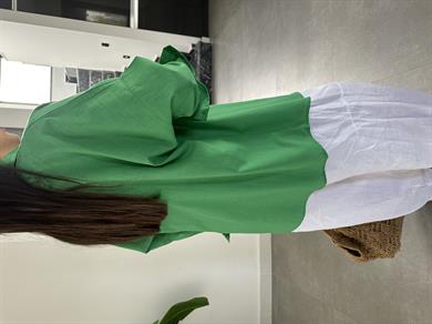 Yeşil Flamlı Keten Çift Cep Oversize Gömlek