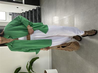 Yeşil Flamlı Keten Çift Cep Oversize Gömlek