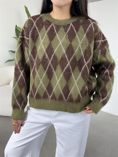 Yeşil-Kahve Baklava Desen Kazak