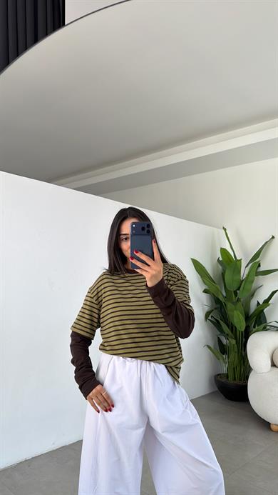 Yeşil-Kahve Çizgili Çift Kollu Tişört