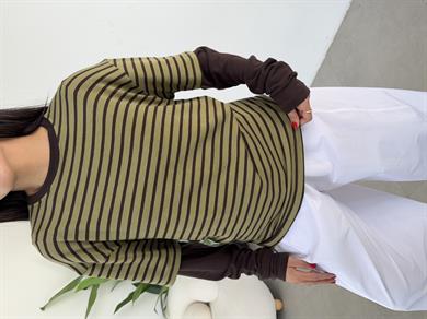 Yeşil-Kahve Çizgili Çift Kollu Tişört