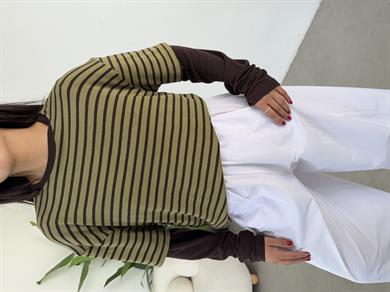 Yeşil-Kahve Çizgili Çift Kollu Tişört