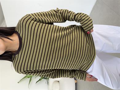 Yeşil-Kahve Çizgili Kollu Tişört