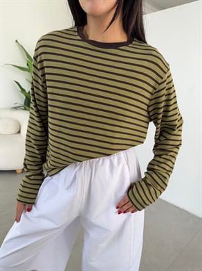 Yeşil-Kahve Çizgili Kollu Tişört