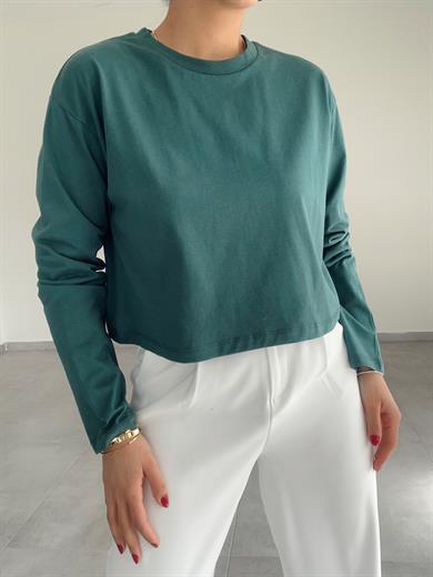 Yeşil Uzun Kollu Crop Tişört