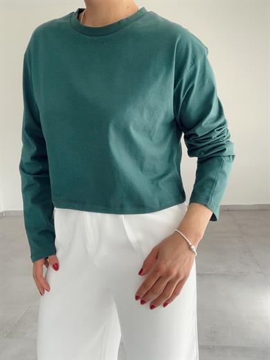 Yeşil Uzun Kollu Crop Tişört