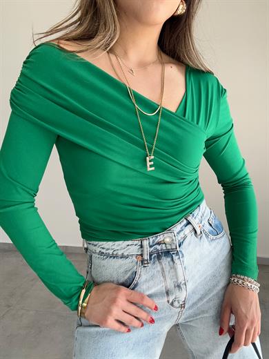 Yeşil V Yaka Drapeli Bluz